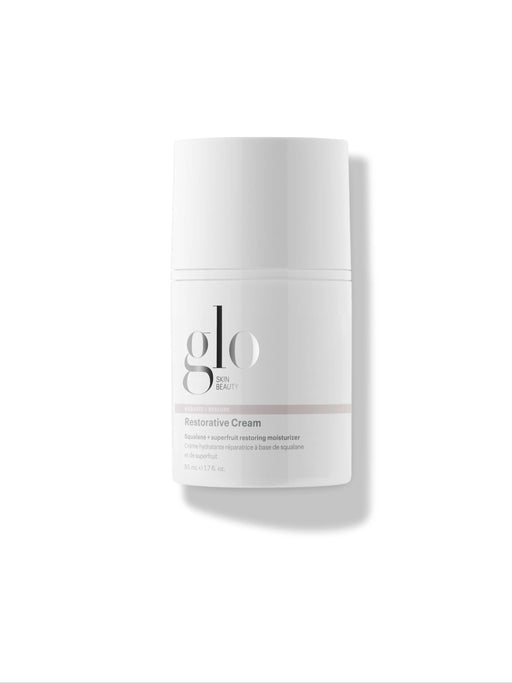 White skincare cream jar with 'glo' branding on a white background